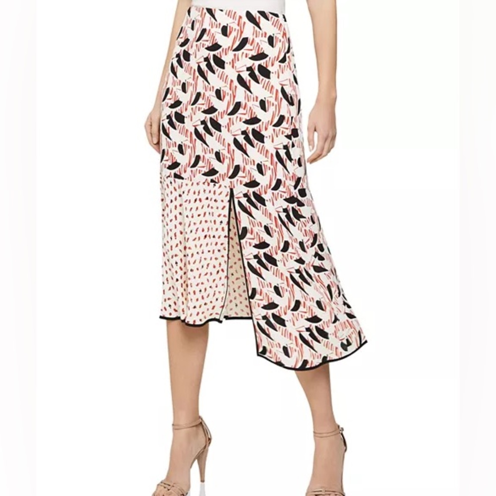 Reiss Eline Spliced Midi Skirt Abstract Print Cream Red Black Size 10